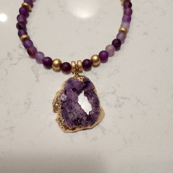 Purple & Gold Quart Necklace with Beads New - Picture 2 of 5